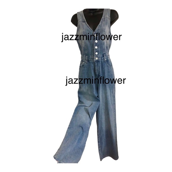 Sincerly Jules Pants - Sincerely Jules blue denim button front sleeveless jeans jumper jumpsuit size M